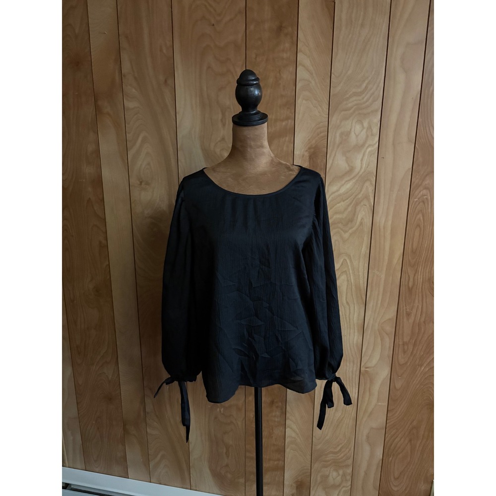 Ann Taylor Black Textured Tie‎ Cuff Bishop Sleeve Blouse Top Small